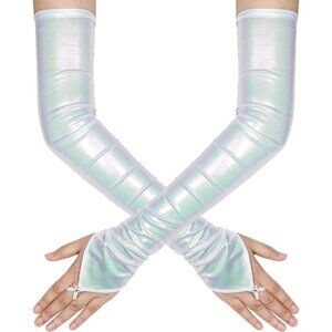 Women's White Shiny Elastic Satin Rave Fingerless Long Gloves Party Costume